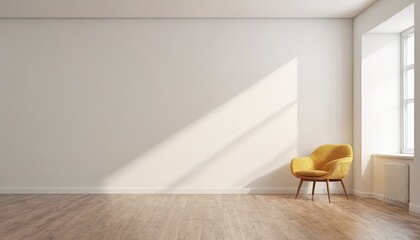 Sunny Yellow Armchair in Minimalist Room: A mustard yellow armchair sits elegantly in a bright, minimalist room, bathed in sunlight streaming through a large window.