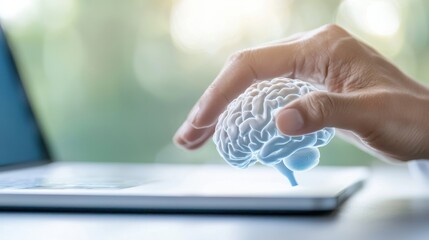 Hand Touching Digital Brain Model on Tablet Screen