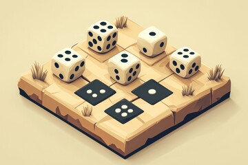 Isometric game board with dice arranged on a grid.  Desert-like terrain.