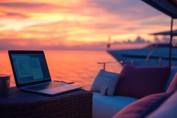 Serene Workspace by the Sea During Sunset with a Laptop and Cozy Seating Area