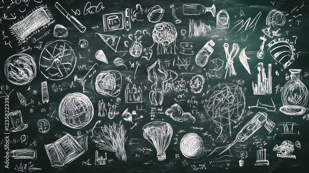 Poster a chalkboard filled with various academic and scientific elements such as equations formulas diagram