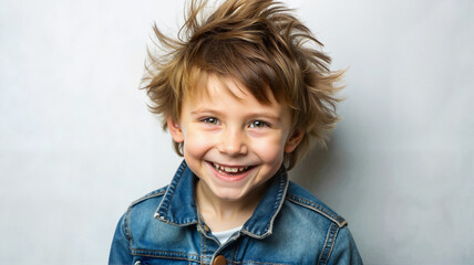 Young boy with curly hair wearing a denim jacket and smiling