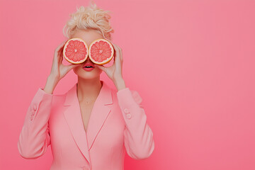 stylish girl in a soft pink suit playfully holds grapefruit slices over her eyes, creating a fresh and vibrant contrast. fashion editorials, beauty campaigns, citrus-themed  