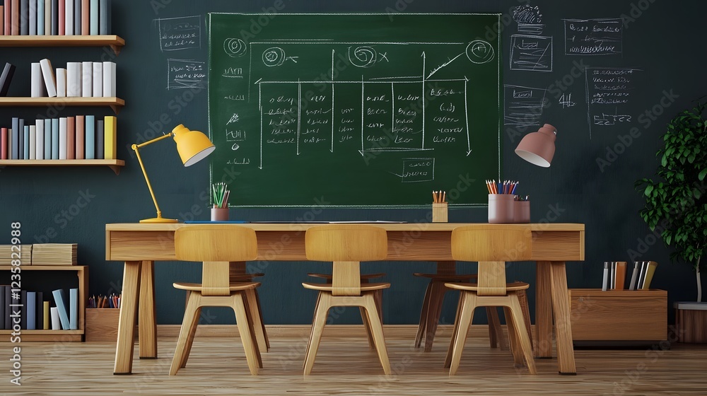 Aufkleber a cozy and minimalist classroom interior with a chalkboard wooden desks and chairs bookshelves and v