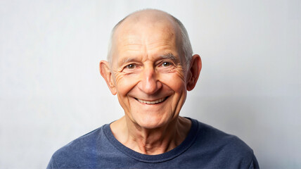 Obraz premium Smiling bald elderly man in white t-shirt