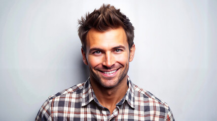 Fototapeta premium Handsome man in plaid shirt smiling confidently