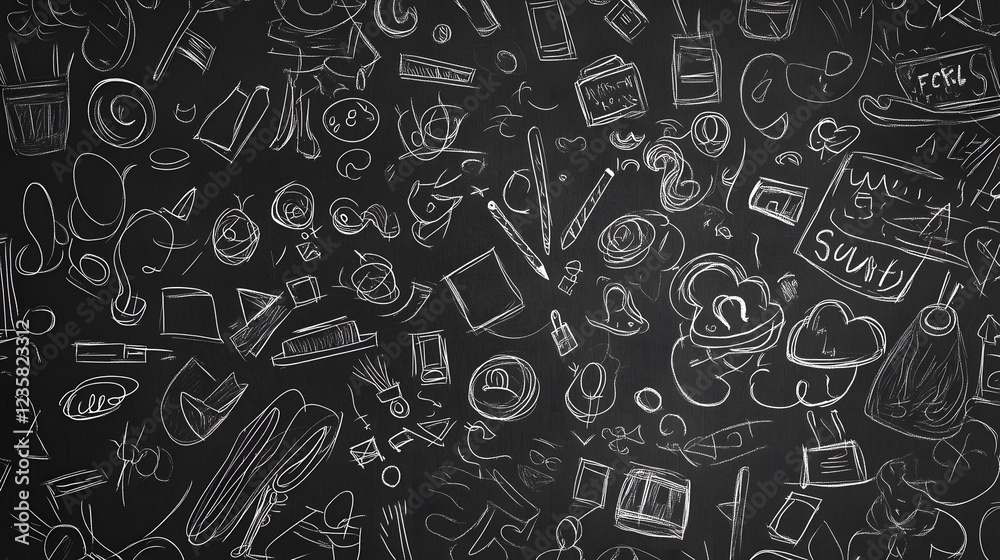 Poster A diverse collection of hand drawn doodles sketches and abstract patterns on a chalkboard or blackboard background representing creativity education and brainstorming