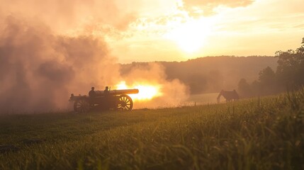 Obraz premium Cannon Firing from Hillside at Sunset with Flames and Smoke