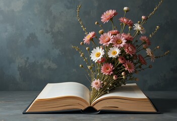 A bouquet of pink and white flowers emerging from an open book on a table