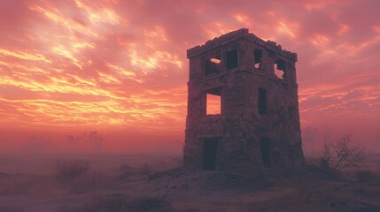 Obraz premium Crumbling Watchtower Against Dramatic Sunset Overlooking Landscape