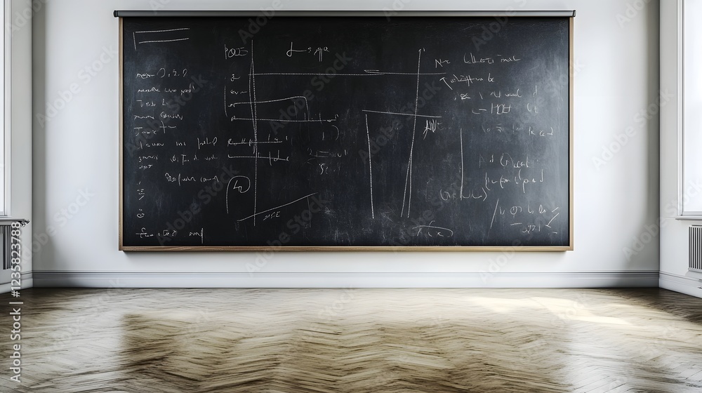 Aufkleber A large black chalkboard displaying complex mathematical formulas and equations against the backdrop of a bright minimalist classroom interior with hardwood flooring and large windows  The academic