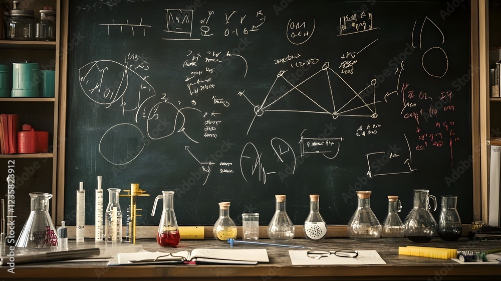 Poster A scientific laboratory set up with various glassware and equipment like beakers test tubes and flasks  A chalkboard in the background is filled with scientific formulas diagrams and calculations