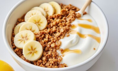 Healthy breakfast bowl with yogurt and bananas