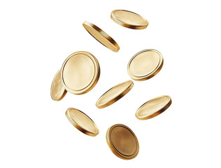 Floating gold coins in motion, isolated on transparent cutout background