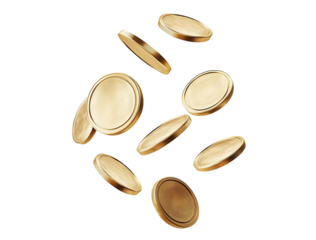 Floating gold coins in motion, isolated on transparent cutout background