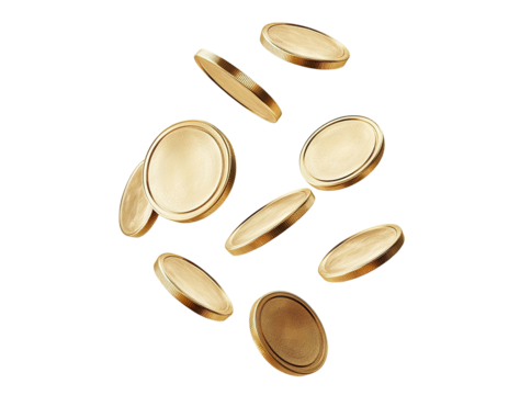 Floating gold coins in motion, isolated on transparent cutout background