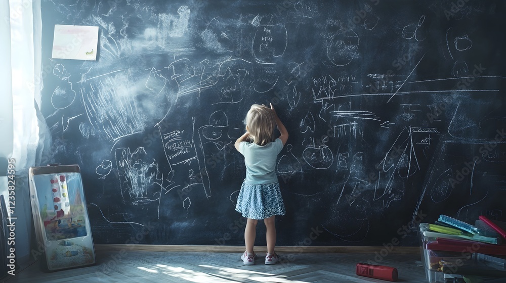 Poster a young female student deeply engrossed in creative and writing on a large chalkboard in a classroom