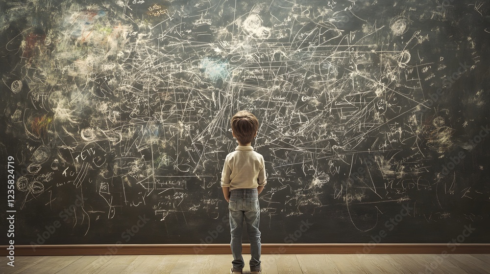 Poster A young student stands in front of a chalkboard filled with intricate mathematical formulas diagrams and symbols captivated by the realms of knowledge and discovery