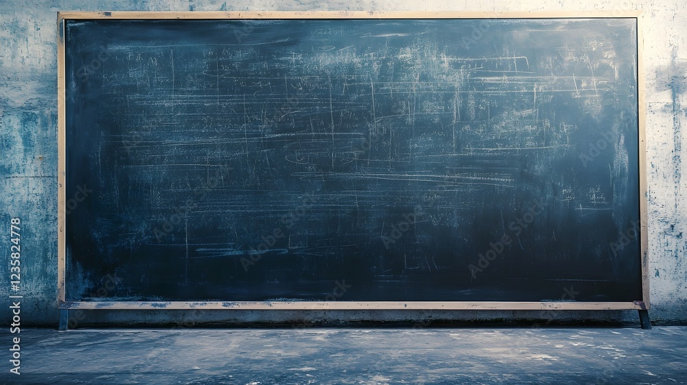 Poster Abandoned and vintage style classroom interior with empty blackboard desks and chairs in a grungy abstract minimalist setting  The image conveys a sense of academic atmosphere and education space