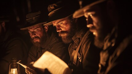 Fototapeta premium Soldiers Huddled in Dim Light Reading Important Dispatch Document