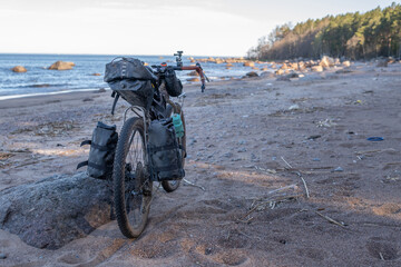 Obraz premium Bicycle with bags for transporting things on a trip