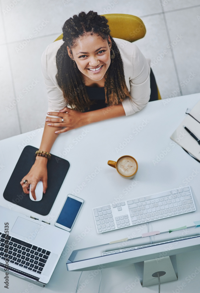 Poster Top view, happy and portrait of businesswoman on computer for research, software and ai development. Above, startup and employee at desk for creative project, it and programmer coding in Brazil