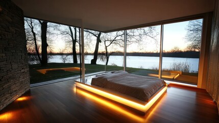 Fototapeta premium Modern Bedroom Overlooking Serene Sunset River View