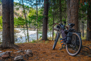 Fototapeta premium Bicycle with bags for transporting things on a trip
