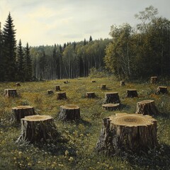Forest clearing, stumps, meadow, deforestation, nature, environmental impact