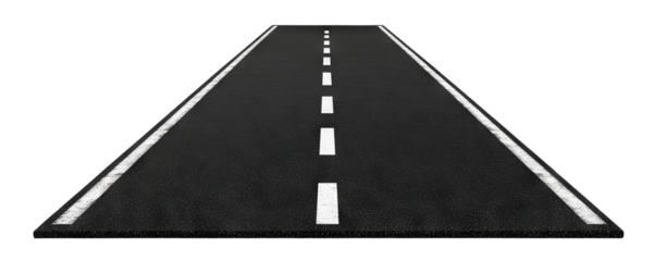 Straight asphalt road with dashed white line, isolated on transparent cutout background