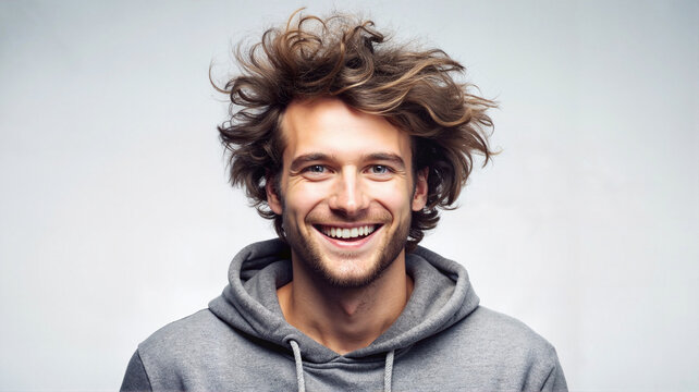 Smiling young man with curly hair wearing a gray hoodie - Powered by Adobe