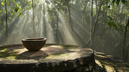 Ancient stone altar in misty forest with ceremonial bowl, symbolizing ancient rituals and spiritual connection to nature, evoking mystery and historical traditions.
