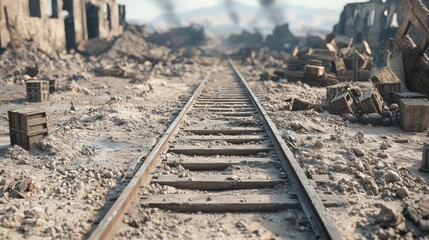 Broken Rail Tracks Leading to Destruction in a Wasteland Landscape