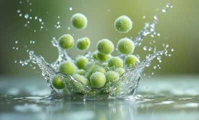 Vibrant green spheres splashing in water.