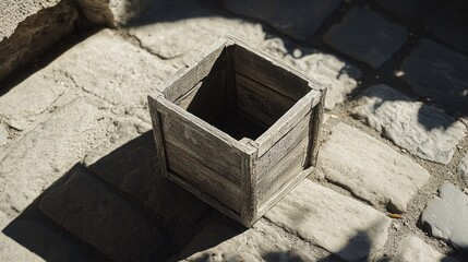 Empty wooden crate, cobblestone street, sunlight, shadow, rustic setting