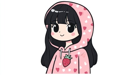 Cute girl strawberry hoodie, happy expression, white background, kawaii illustration, social media avatar