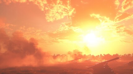 Fototapeta premium Dynamic Artillery Battery Firing in Unison Against Dramatic Sunset