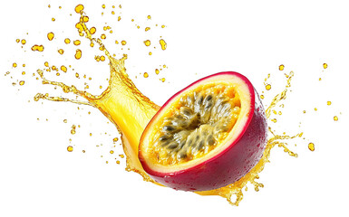 Delicious passion fruit with juicy splash effect, isolated on transparent cutout background