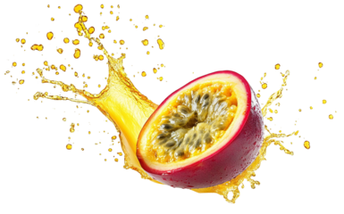 Delicious passion fruit with juicy splash effect, isolated on transparent cutout background