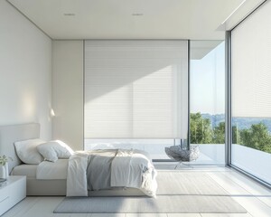Fototapeta premium Serene bedroom, minimalist design, sunlit view.