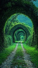 Obraz premium Green tunnel archway path, nature walk, summer.
