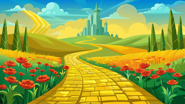 Yellow brick road leading through poppy field to green emerald city in the distance. Wizard of Oz concept. 