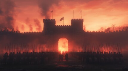 Mournful Drummers Stand in Formation at Sunset by Fortress Gate