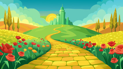 Yellow brick road leading through poppy field to green emerald city in the distance. Wizard of Oz concept.  © williamnoah