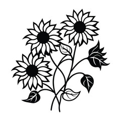 sunflowers black and white white background vector illustration linocut
