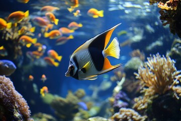 Colorful Tropical Fish Swimming in a Vibrant Coral Reef with Clear Blue Water Background