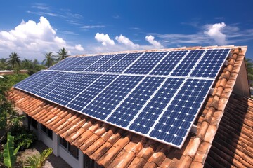 Solar Panels on Terracotta Roof Under Blue Sky