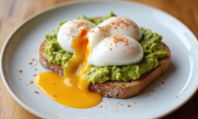 Delicious creamy avocado toast with eggs