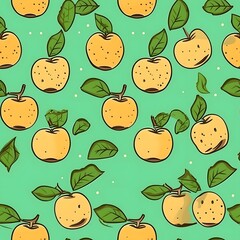 Fototapeta premium Seamless Pattern of Yellow Apples and Green Leaves on Teal Background