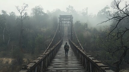 Obraz premium Wary Messenger Delivering in a Misty Forest with a Sealed Package